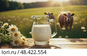 Fresh rustic cow's milk in a jug on a table against the background of a meadow where cows graze. AI generated. Стоковое AI-видео, аниматор Ольга Симонова / Фотобанк Лори