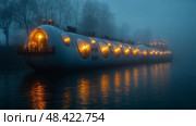 A distinctive floating structure with glowing lights glides along a misty river, creating a tranquil and captivating ambiance at twilight. Стоковое AI-изображение, AI-художник Данила Большаков / Фотобанк Лори