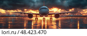 An aircraft with its engines running awaits takeoff as the sun sets, illuminating the runway with stunning colors and dramatic clouds. Стоковое AI-изображение, AI-художник Данила Большаков / Фотобанк Лори