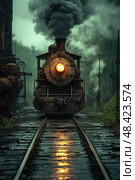 The steam locomotive emits dark smoke while traversing rain-soaked tracks surrounded by lush greenery in a twilight forest atmosphere. Стоковое AI-изображение, AI-художник Данила Большаков / Фотобанк Лори