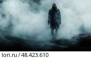 A cloaked person stands alone in dense fog, surrounded by an otherworldly landscape, evoking feelings of mystery and curiosity at dusk. Стоковое AI-изображение, AI-художник Данила Большаков / Фотобанк Лори