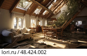 attic wind damage house ai generated. Стоковое AI-изображение, AI-художник Vectorwin / Фотобанк Лори