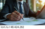 Businessman calculates investment income, financial business investments analyze risks, research companies, consult experts, plan wisely for financial goals. insurance companies. Стоковое AI-изображение, AI-художник Sergey Grishin / Фотобанк Лори