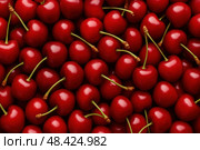 Вишня. Спелые красные черешни с черенками крупным планом. Стоковое AI-изображение, AI-художник Башкирова Анна / Фотобанк Лори