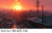 Twilight casts an orange glow over a devastated city, with smoke billowing from structures and dark clouds gathering in the sky. Стоковое AI-изображение, AI-художник Данила Большаков / Фотобанк Лори