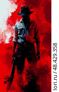 A menacing figure wielding a chainsaw against a bloody red splatter, Halloween spooky illustration. Стоковое AI-изображение, AI-художник Данила Большаков / Фотобанк Лори