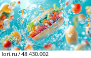 Delicious Hotdog Extravaganza: A Gourmet Food Concept. Стоковое AI-изображение, AI-художник Данила Большаков / Фотобанк Лори