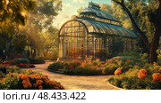 Lush greenery fills a sunlit conservatory with tropical plants and serene water features during a tranquil morning. Стоковое AI-изображение, AI-художник Михаил Коханчиков / Фотобанк Лори