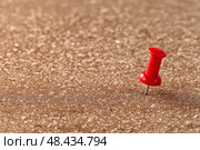 Single Red Pushpin on Empty Cork Board as a Symbol of Waiting or Anticipation. Одиночная красная булавка на пустой пробковой доске как символ ожидания или предвкушения. Стоковое AI-изображение, AI-художник Katsiaryna Repich / Фотобанк Лори