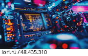 Advanced spaceship cockpit with futuristic interfaces, cybernetic controls, and retro-futuristic computer systems for complex navigation and data processing. Стоковое AI-видео, аниматор Данила Большаков / Фотобанк Лори