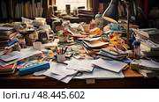 disorganized messy table ai generated. Стоковое AI-изображение, AI-художник Vectorwin / Фотобанк Лори