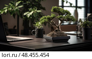 zen plant on desk ai generated. Стоковое AI-изображение, AI-художник Vectorwin / Фотобанк Лори