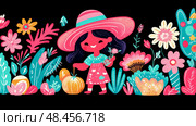 Spring joy: a girl in a hat amidst floral abundance, bringing whimsical charm to invitations or children's literature illustrations. Стоковое AI-изображение, AI-художник Данила Большаков / Фотобанк Лори