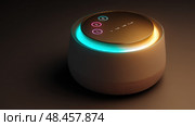 Virtual assistant represented as a glowing orb of data. dot home assistant smarthome speaker. Intelligent home assistant hub, glowing touch interface, minimal style. Стоковое AI-изображение, AI-художник ALLA YURTAYEVA / Фотобанк Лори