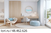 Coastal serenity: A tranquil bedroom interior with workspace, round ocean art, and a plush nook, evokes peace and comfort. Стоковое AI-изображение, AI-художник Данила Большаков / Фотобанк Лори