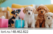 Puppy Party: A Quartet of Adorable Pups Celebrates with Festive Gifts, Holiday themed Card Design, Print or Poster. Стоковое AI-изображение, AI-художник Данила Большаков / Фотобанк Лори