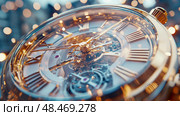 Time Transcends: A intricate gold timepiece, showcasing the mesmerizing mechanics within, framed by ethereal bokeh, a luxurious objet d'art. Стоковое AI-изображение, AI-художник Данила Большаков / Фотобанк Лори