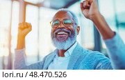Triumph of a senior businessman with arms raised, celebrating a goal attainment, ideal for demonstrating success and mature leadership. Стоковое AI-изображение, AI-художник Данила Большаков / Фотобанк Лори
