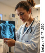 Молодая девушка - врач показывает рентгеновский снимок. A young doctor girl shows an X-ray. Стоковое AI-изображение, AI-художник Смирнова Светлана / Фотобанк Лори