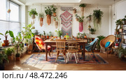 mismatched boho interior ai generated. Стоковое AI-изображение, AI-художник Vectorwin / Фотобанк Лори