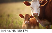 field brown dairy cow ai generated. Стоковое AI-изображение, AI-художник Vectorwin / Фотобанк Лори