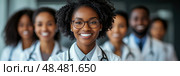 Medical Professionalism: Team of African American Doctors Offering Compassionate Healthcare. Стоковое AI-изображение, AI-художник Данила Большаков / Фотобанк Лори