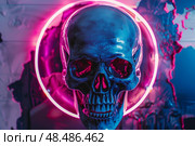 Blue skull illuminated by vibrant neon circle in futuristic cyberpunk setting. Стоковое AI-изображение, AI-художник Иван Рябоконь / Фотобанк Лори