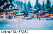 Aerial Exploration: Drone soaring through winter wonderland, capturing snowy landscapes, perfect for technology review print or promotional material. Стоковое AI-изображение, AI-художник Данила Большаков / Фотобанк Лори
