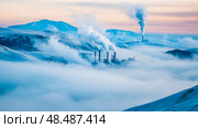 Ethereal winter landscape with industry in mist, pollution and climate change implication. Стоковое AI-изображение, AI-художник Данила Большаков / Фотобанк Лори