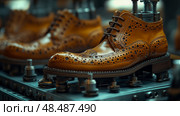 Artisanal footwear manufacturing: A meticulous craft of leather brogue boot production on an industrial steel press. Стоковое AI-изображение, AI-художник Данила Большаков / Фотобанк Лори