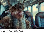 Viking barbarian chieftain traveling on public transport bus. Стоковое AI-изображение, AI-художник Иван Рябоконь / Фотобанк Лори