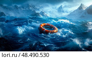 Desperate Ocean: A lifebuoy bobs on stormy seas near snowy peaks. Стоковое AI-изображение, AI-художник Данила Большаков / Фотобанк Лори