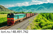 A train is traveling down a track with mountains in the background. Стоковое AI-изображение, AI-художник Ярославский Максим / Фотобанк Лори