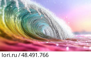 A colorful wave in the ocean with a rainbow crest. Стоковое AI-изображение, AI-художник Ярославский Максим / Фотобанк Лори
