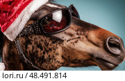 A horse wearing sunglasses and a Santa hat, against a solid color background, in the style of a stock photo. Стоковое AI-изображение, AI-художник Ярославский Максим / Фотобанк Лори