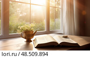 meditati bible open on table ai generated. Стоковое AI-изображение, AI-художник Vectorwin / Фотобанк Лори