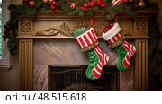 mantel green christmas stocking ai generated. Стоковое AI-изображение, AI-художник Vectorwin / Фотобанк Лори