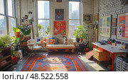 The room is crammed with various plants and furniture, creating a cozy and green-filled living space. Стоковое AI-изображение, AI-художник Данила Большаков / Фотобанк Лори