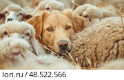 A dog is standing in the center of a herd of sheep in a grassy field. Стоковое AI-изображение, AI-художник Данила Большаков / Фотобанк Лори