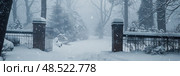 A park blanketed in snow, featuring a gate and leafless trees under the winter sky. Стоковое AI-изображение, AI-художник Данила Большаков / Фотобанк Лори