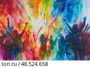Painting depicting a group of individuals standing with their arms lifted in the air. Стоковое AI-изображение, AI-художник Данила Большаков / Фотобанк Лори