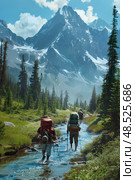 Two backpackers wade through a clear mountain stream with a towering peak in the distance. Стоковое AI-изображение, AI-художник Данила Большаков / Фотобанк Лори