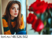 Девушка в ярком джемпере смотрится в зеркало. Стоковое AI-изображение, AI-художник Щеголева Ольга / Фотобанк Лори