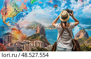 A woman photographs the panoramic view of Rio, with Sugarloaf Mountain and cityscape against a backdrop of colorful art. Стоковое AI-изображение, AI-художник Данила Большаков / Фотобанк Лори