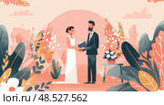 A couple stands hand in hand during their wedding vows, with warm sunset hues illuminating the scene. Стоковое AI-изображение, AI-художник Данила Большаков / Фотобанк Лори