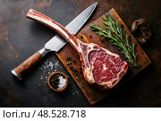 Сырой говяжий стейк Томагавк с розмарином и специями на деревянной доске, вид сверху. Стоковое AI-изображение, AI-художник Максим Коломыченко / Фотобанк Лори