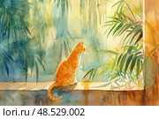 A watercolor painting of a cat staring curiously out of a window, its whiskers twitching slightly. Стоковое AI-изображение, AI-художник Данила Большаков / Фотобанк Лори