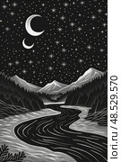 A drawing showing a night sky filled with stars reflected on a calmly flowing river. Стоковое AI-изображение, AI-художник Данила Большаков / Фотобанк Лори