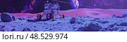 A lunar module stands on the moons surface with a spacewalk in progress under a deep purple sky sprinkled with stars. Стоковое AI-изображение, AI-художник Данила Большаков / Фотобанк Лори