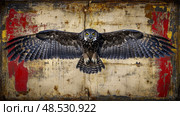 Majestic Owl with Expansive Wingspan Against a Weathered Canvas Backdrop. Стоковое AI-изображение, AI-художник Данила Большаков / Фотобанк Лори